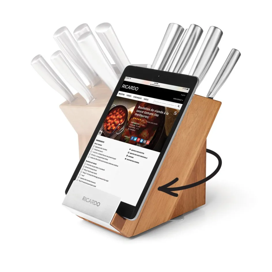 Ricardo Cuisine Couteaux Et Ciseaux-Ensemble de bloc à couteaux rotatif en acacia de 7 morceaux RICARDO